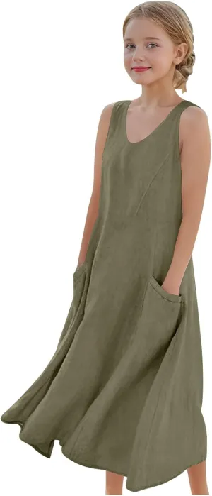 Girls Summer Linen Dress Casual Sleeveless Scoop Neck Elegant Flowy Maxi Dress Plus Size Loose Comfy Beach Sundress