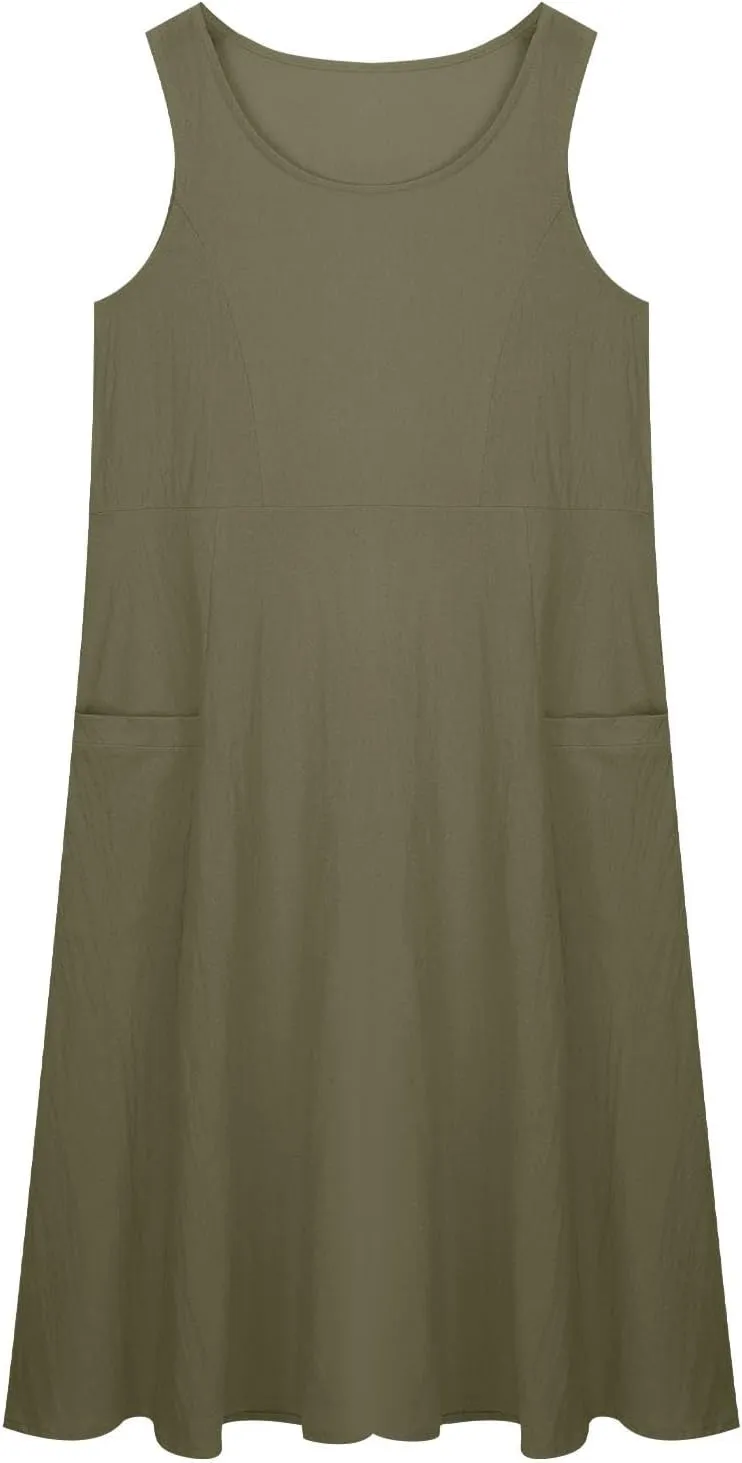 Girls Summer Linen Dress Casual Sleeveless Scoop Neck Elegant Flowy Maxi Dress Plus Size Loose Comfy Beach Sundress
