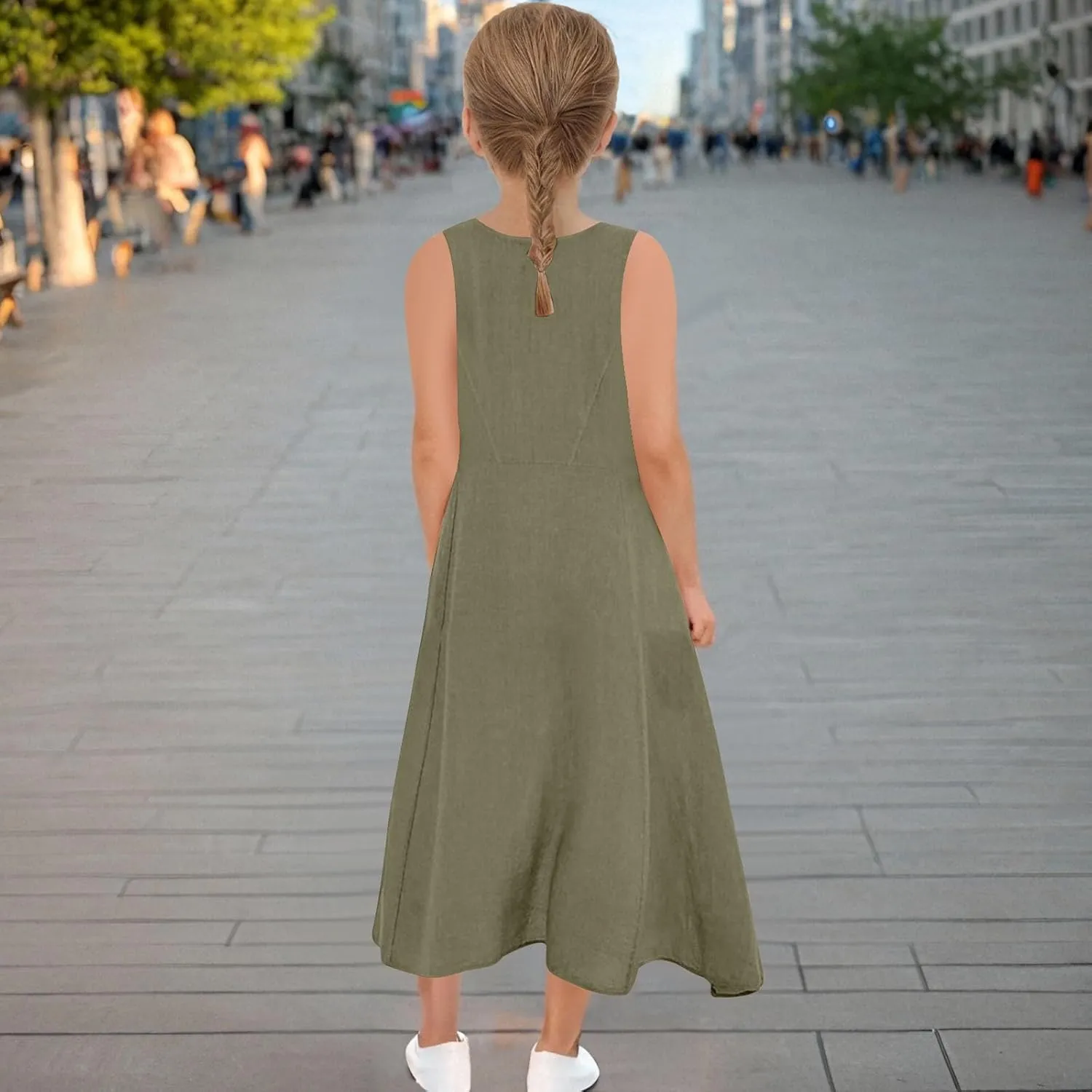 Girls Summer Linen Dress Casual Sleeveless Scoop Neck Elegant Flowy Maxi Dress Plus Size Loose Comfy Beach Sundress