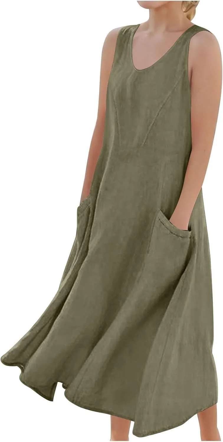 Girls Summer Linen Dress Casual Sleeveless Scoop Neck Elegant Flowy Maxi Dress Plus Size Loose Comfy Beach Sundress