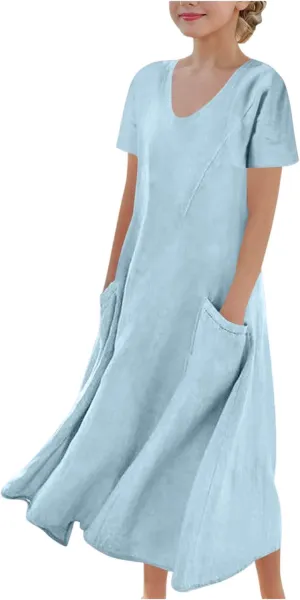 Girls Summer Linen Dress Casual Sleeveless Scoop Neck Elegant Flowy Maxi Dress Plus Size Loose Comfy Beach Sundress