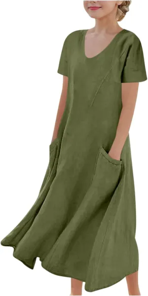 Girls Summer Linen Dress Casual Sleeveless Scoop Neck Elegant Flowy Maxi Dress Plus Size Loose Comfy Beach Sundress