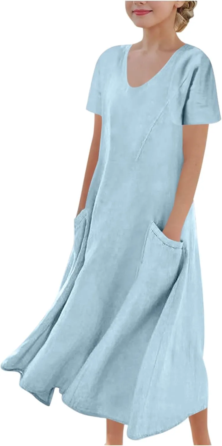 Girls Summer Linen Dress Casual Sleeveless Scoop Neck Elegant Flowy Maxi Dress Plus Size Loose Comfy Beach Sundress