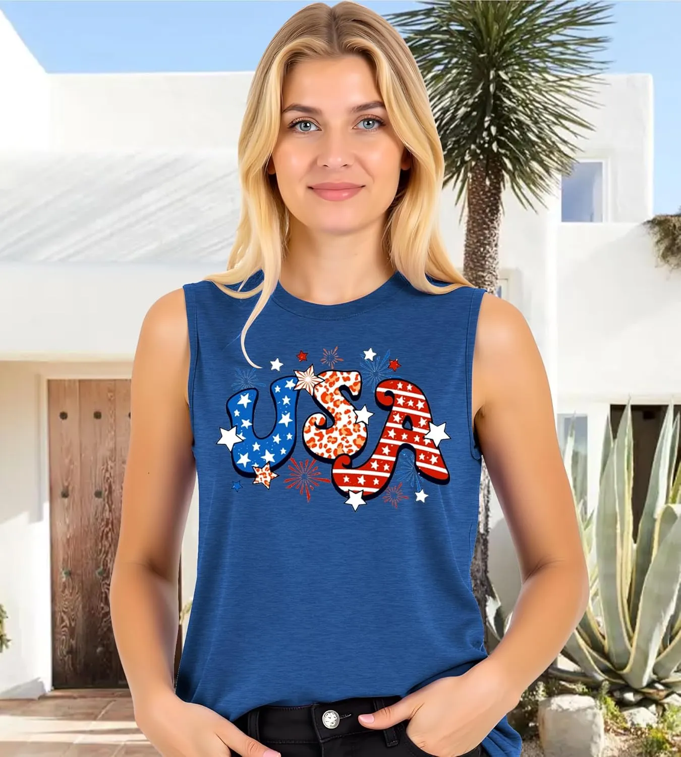 Gnome 4th of July Tank Top Women Patriotic USA Flag Shirt American Flag Sleeveless Tee