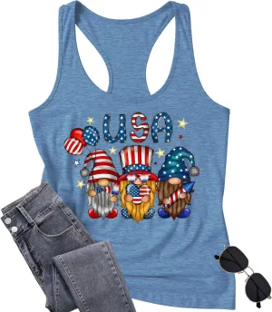 Gnome 4th of July Tank Top Women Patriotic USA Flag Shirt American Flag Sleeveless Tee