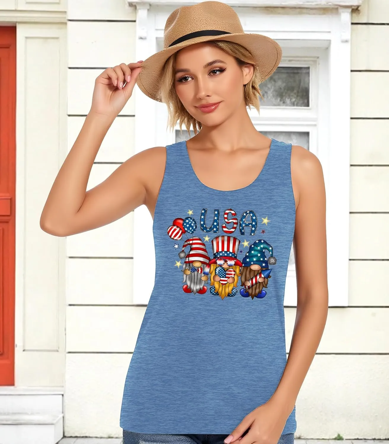 Gnome 4th of July Tank Top Women Patriotic USA Flag Shirt American Flag Sleeveless Tee