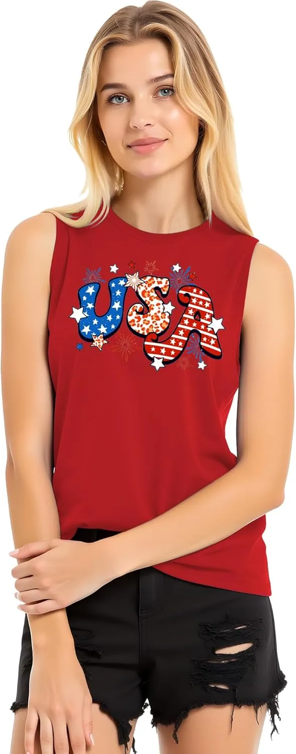 Gnome 4th of July Tank Top Women Patriotic USA Flag Shirt American Flag Sleeveless Tee