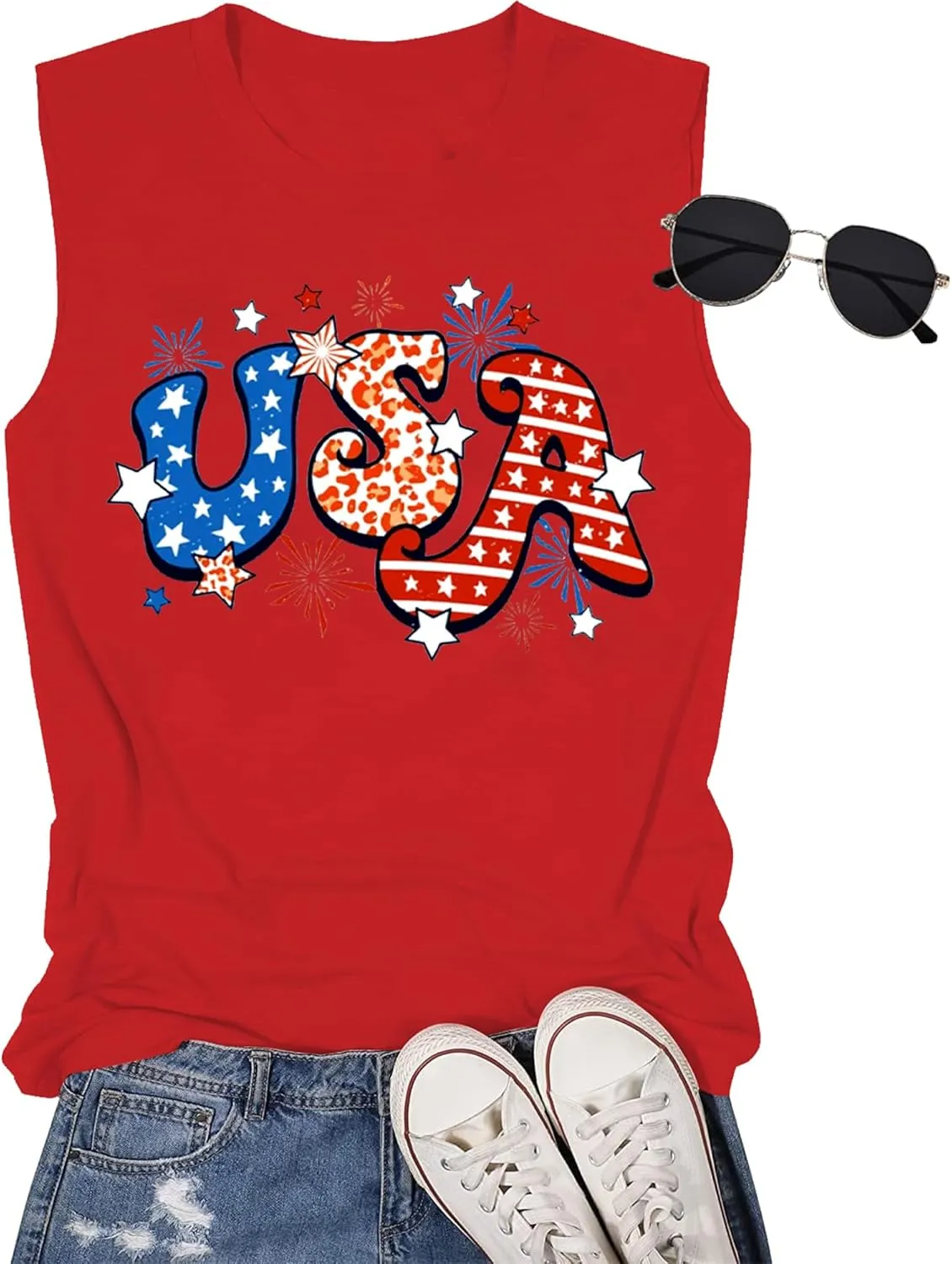 Gnome 4th of July Tank Top Women Patriotic USA Flag Shirt American Flag Sleeveless Tee