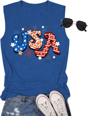 Gnome 4th of July Tank Top Women Patriotic USA Flag Shirt American Flag Sleeveless Tee