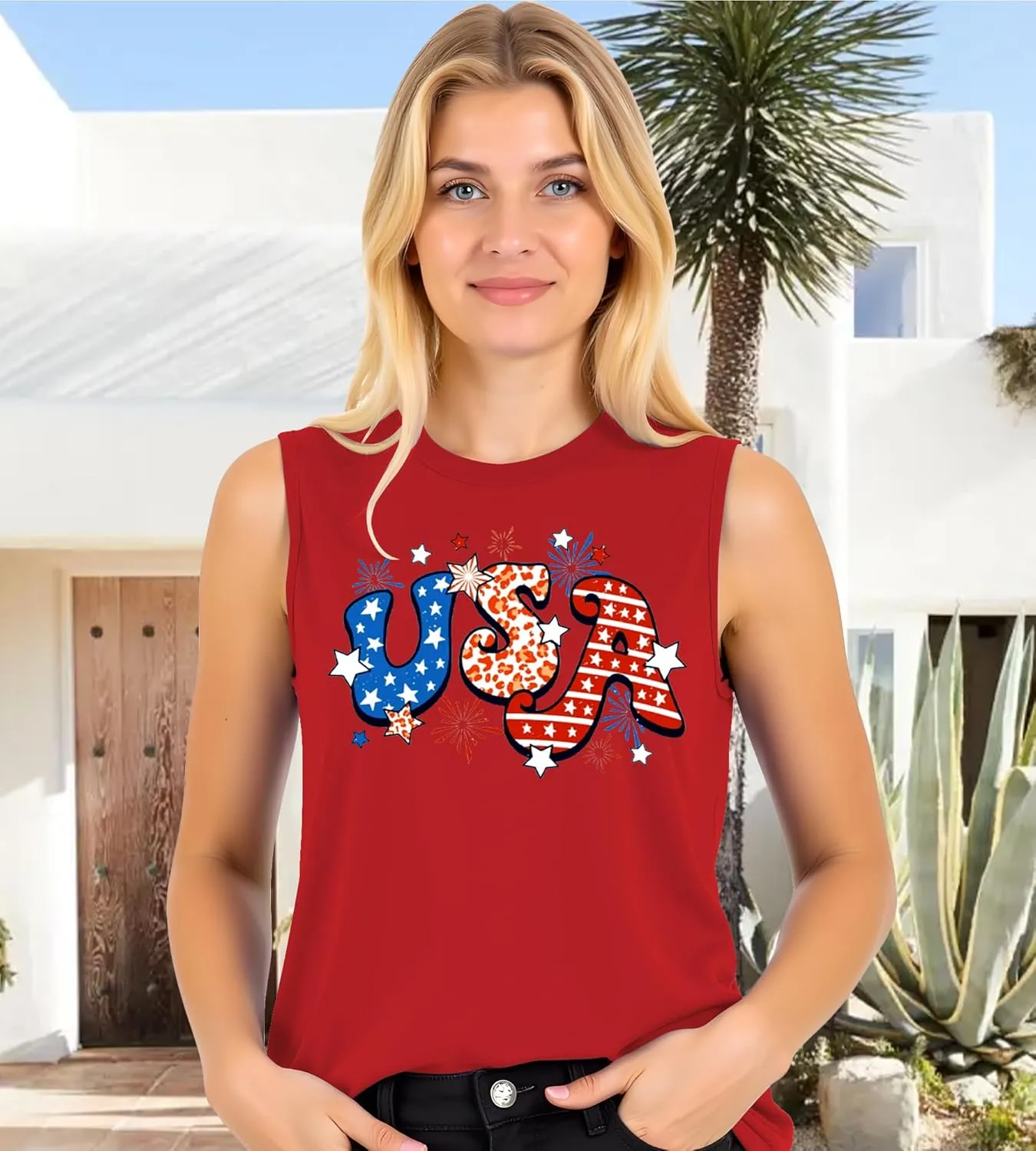 Gnome 4th of July Tank Top Women Patriotic USA Flag Shirt American Flag Sleeveless Tee