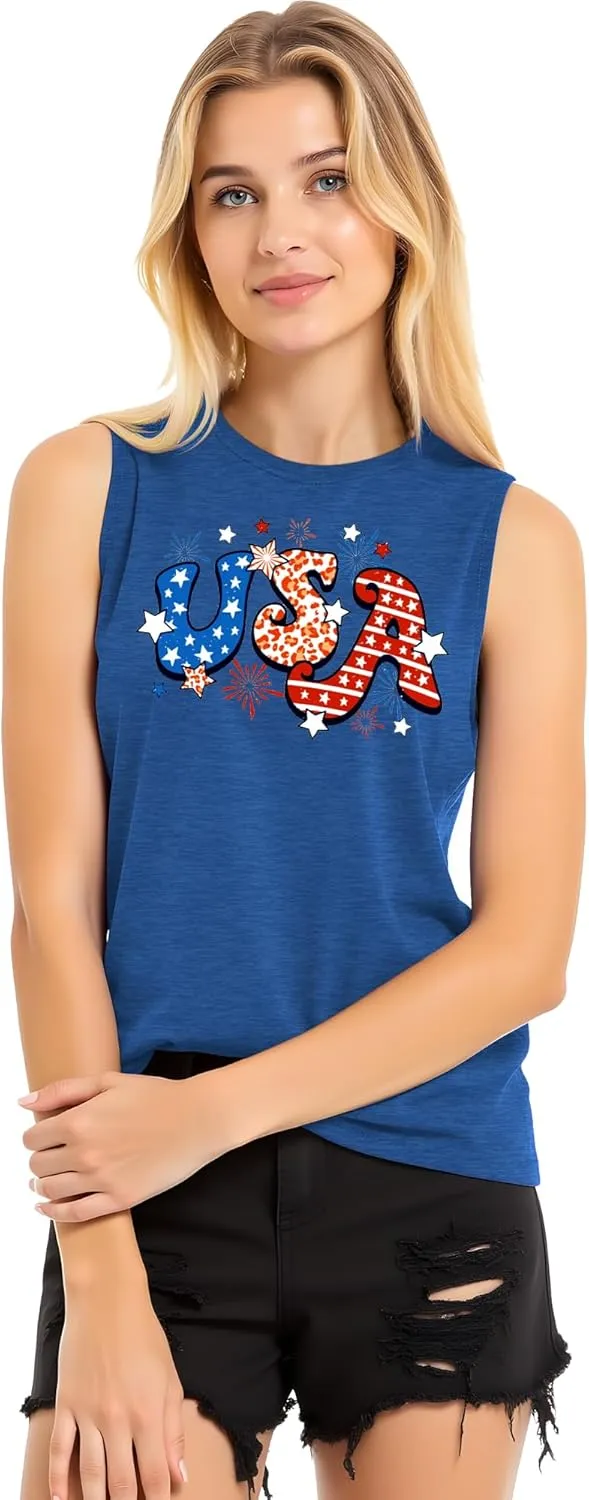 Gnome 4th of July Tank Top Women Patriotic USA Flag Shirt American Flag Sleeveless Tee