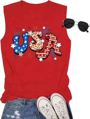 Gnome 4th of July Tank Top Women Patriotic USA Flag Shirt American Flag Sleeveless Tee