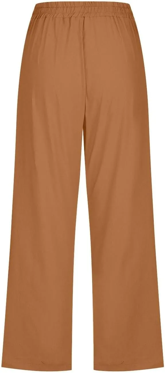 GOKKILRW Womens Linen Summer Capri Pants Casual Beach Capris Drawstring High Waist Pants Wide Leg Cropped Trousers Joggers