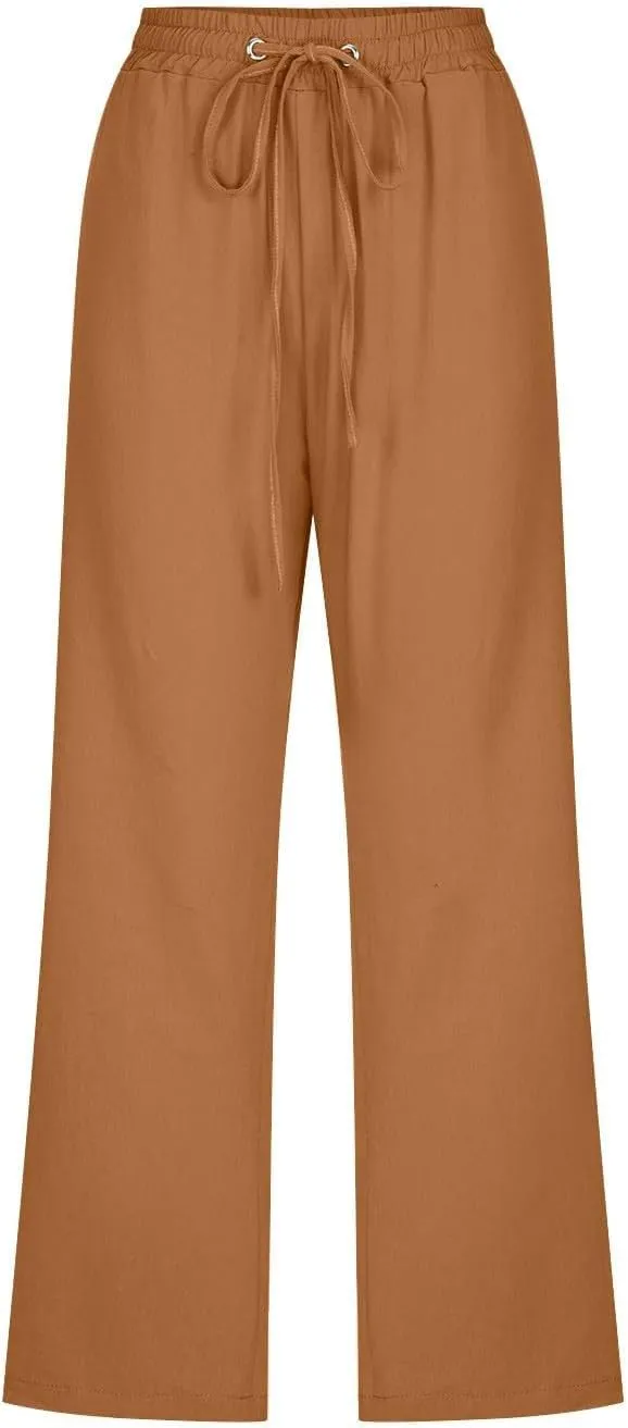 GOKKILRW Womens Linen Summer Capri Pants Casual Beach Capris Drawstring High Waist Pants Wide Leg Cropped Trousers Joggers