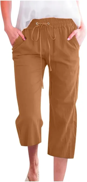 GOKKILRW Womens Linen Summer Capri Pants Casual Beach Capris Drawstring High Waist Pants Wide Leg Cropped Trousers Joggers