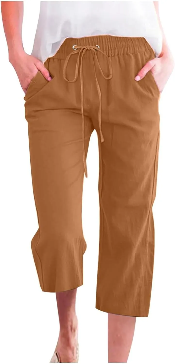 GOKKILRW Womens Linen Summer Capri Pants Casual Beach Capris Drawstring High Waist Pants Wide Leg Cropped Trousers Joggers