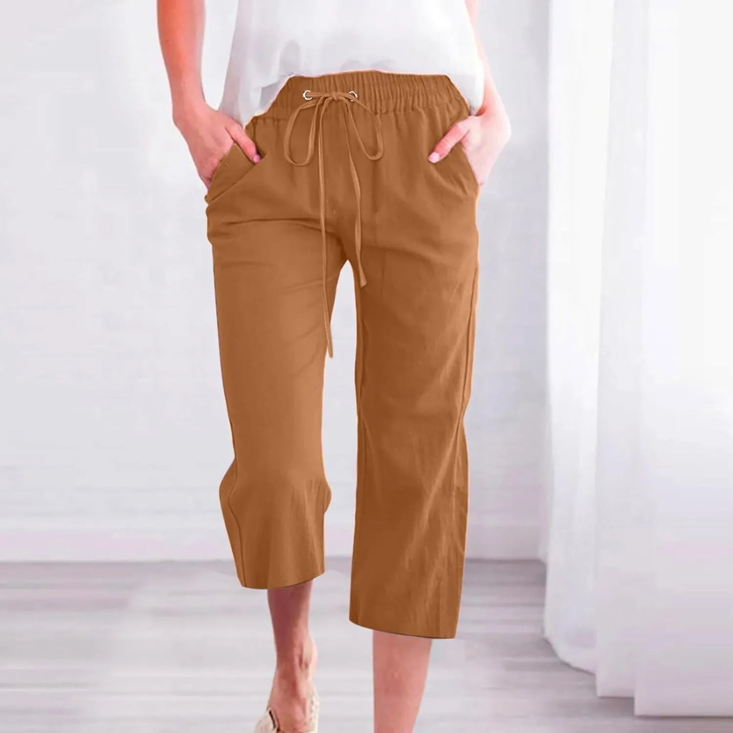 GOKKILRW Womens Linen Summer Capri Pants Casual Beach Capris Drawstring High Waist Pants Wide Leg Cropped Trousers Joggers