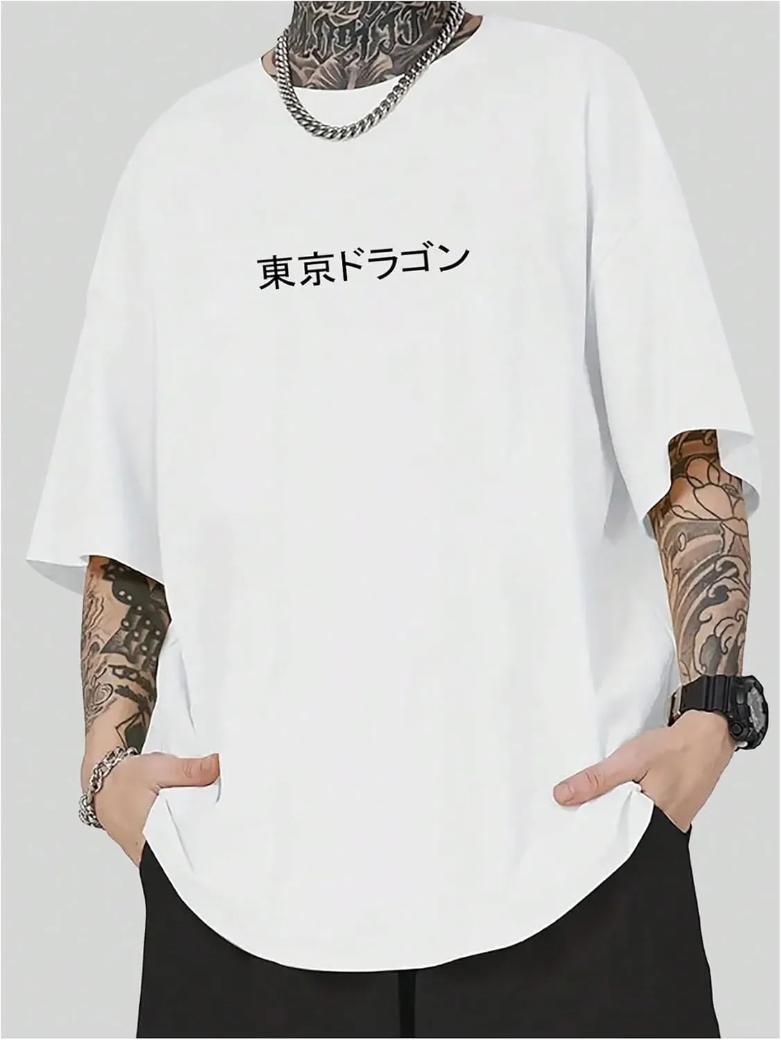 GORGLITTER Men's Japanese Letter Graphic Tee Top Oversized Short Sleeve Casual Aesthetic Print T-Shirt