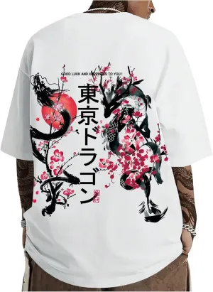 GORGLITTER Men's Japanese Letter Graphic Tee Top Oversized Short Sleeve Casual Aesthetic Print T-Shirt