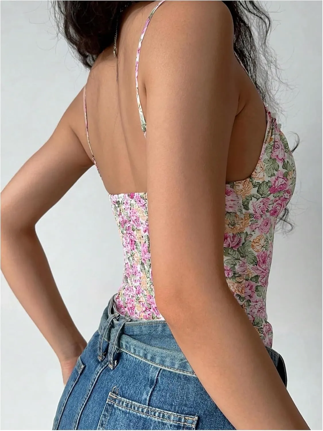 GORGLITTER Women's Floral Tie Front Cami Top Lace Frill Trim Sleeveless Camisole