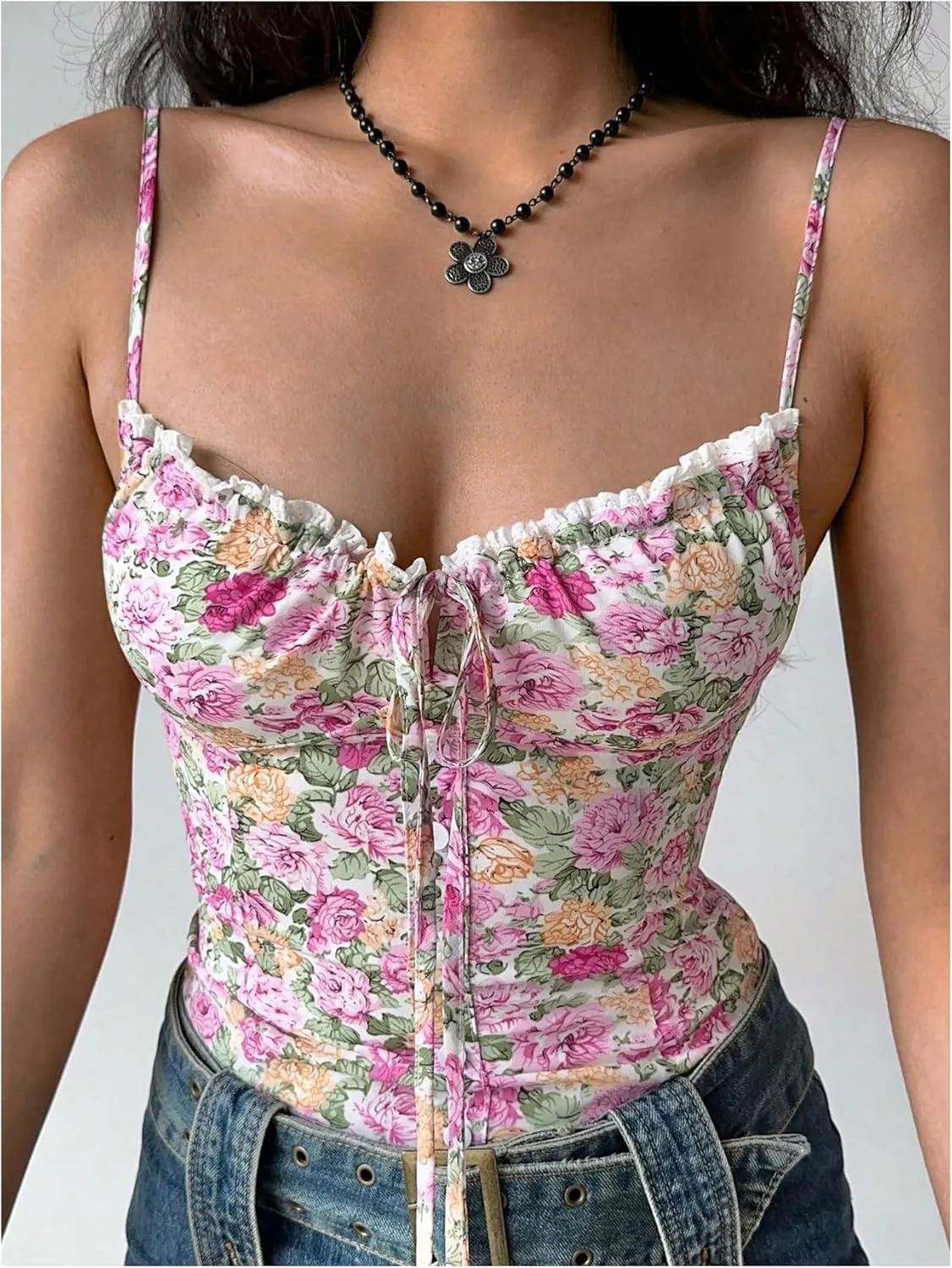 GORGLITTER Women's Floral Tie Front Cami Top Lace Frill Trim Sleeveless Camisole
