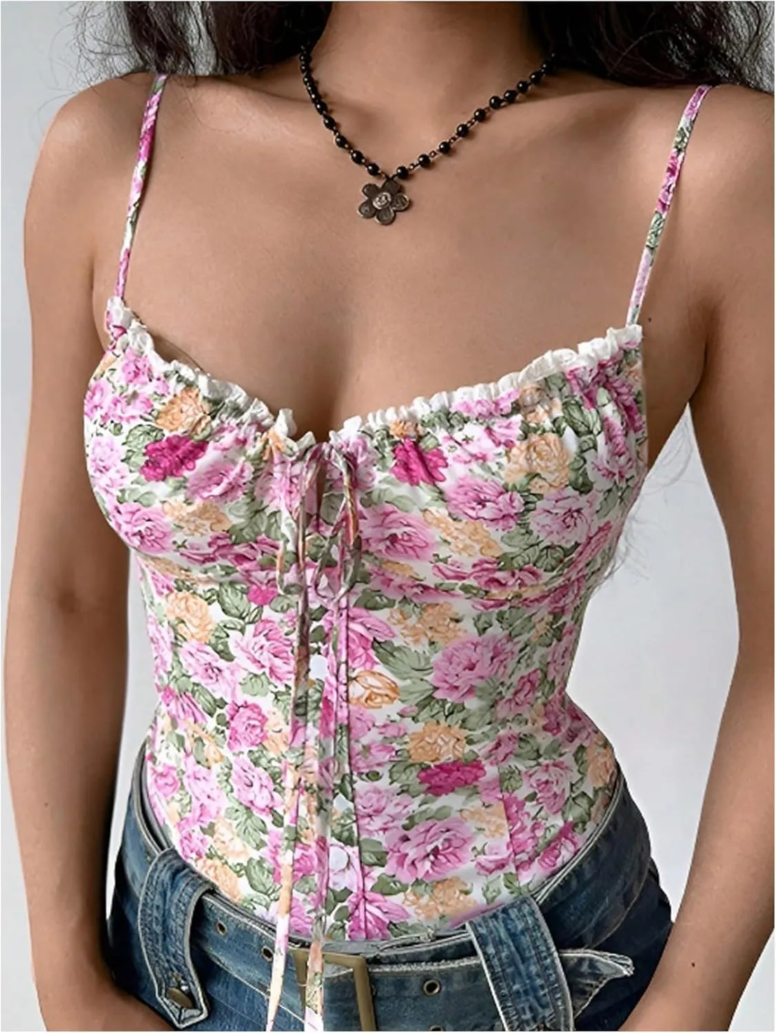 GORGLITTER Women's Floral Tie Front Cami Top Lace Frill Trim Sleeveless Camisole