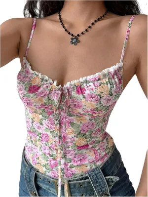 GORGLITTER Women's Floral Tie Front Cami Top Lace Frill Trim Sleeveless Camisole