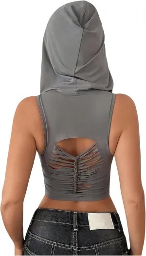 GORGLITTER Women's Hooded Crop Tank Top Sleeveless Hollow Out Workout Rave Tops