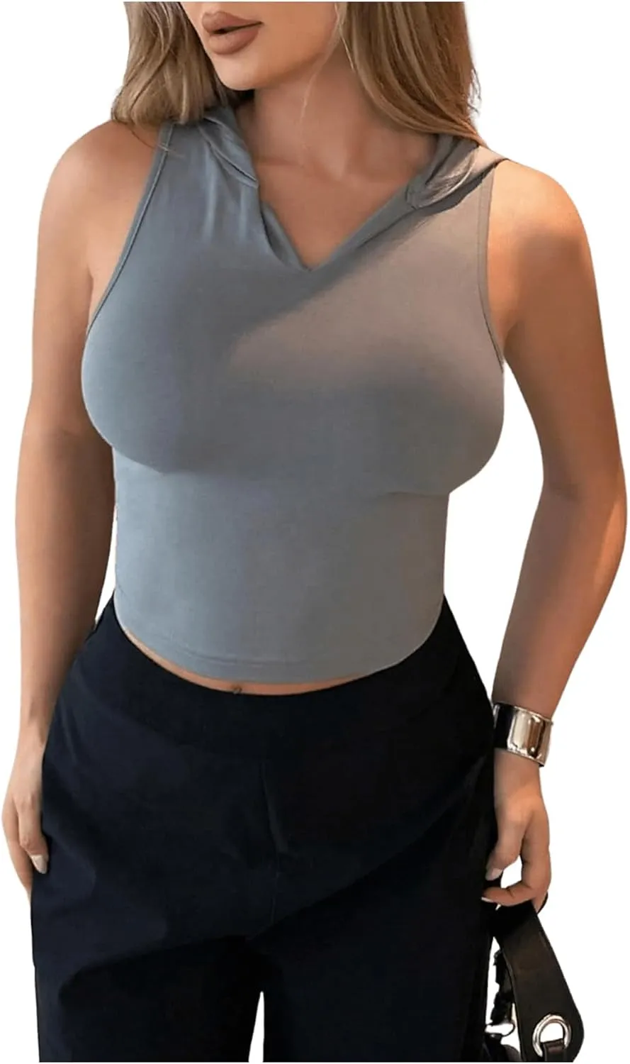 GORGLITTER Women's Hooded Crop Tank Top Sleeveless Hollow Out Workout Rave Tops