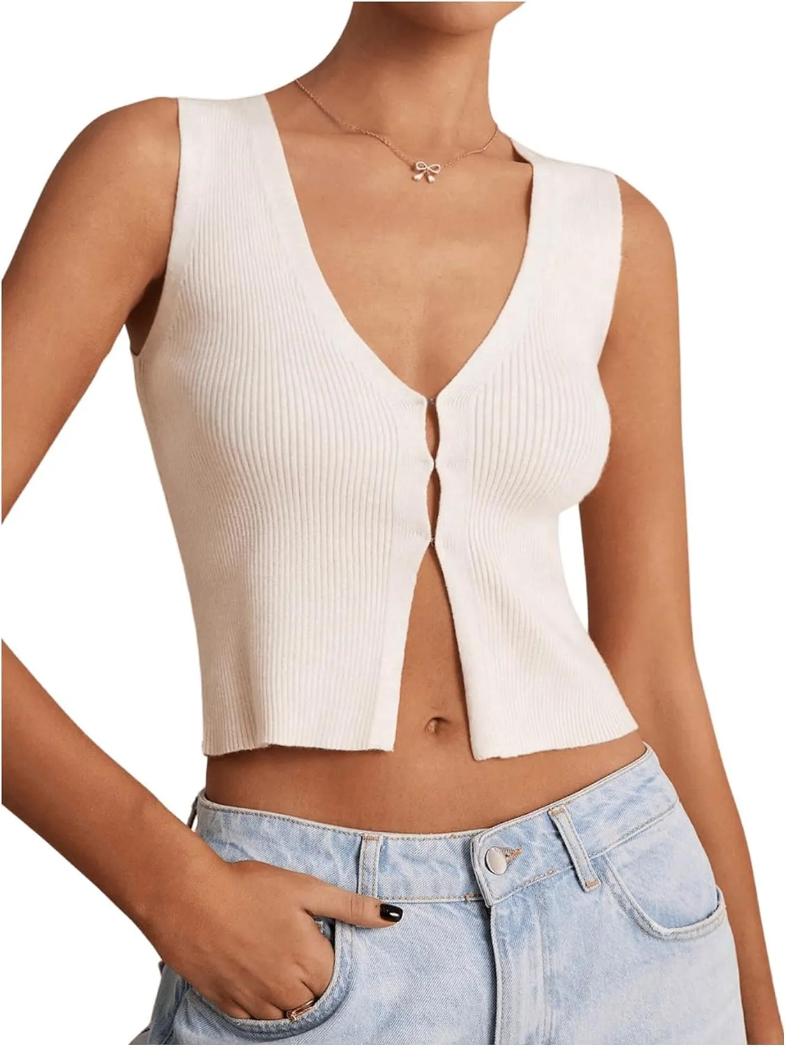GORGLITTER Women's Knit Top V Neck Sleeveless Button Down Sweater Vest