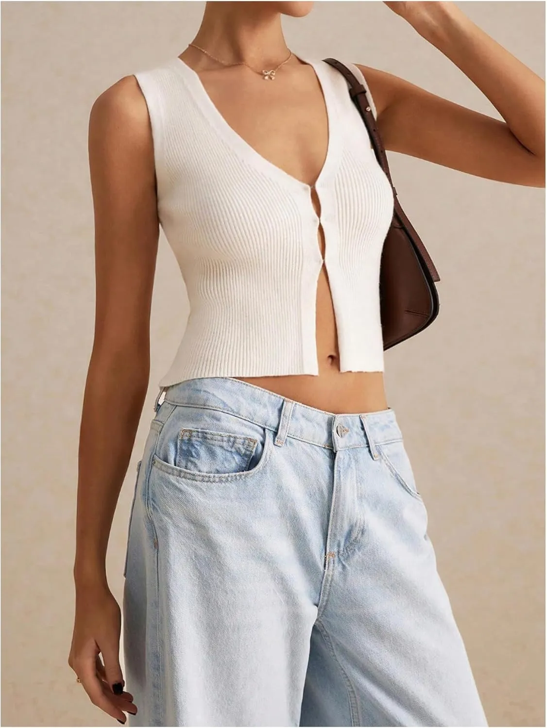 GORGLITTER Women's Knit Top V Neck Sleeveless Button Down Sweater Vest