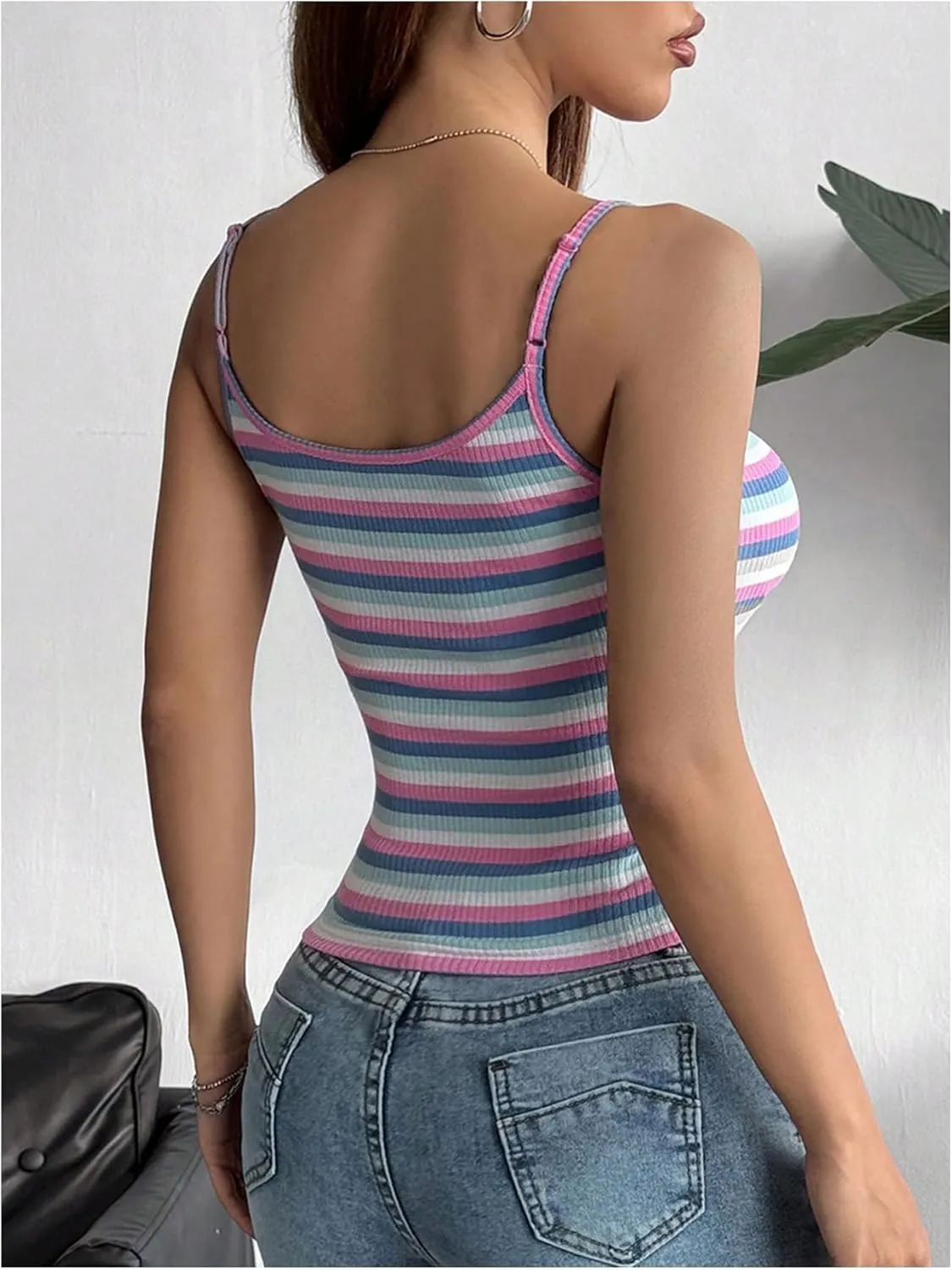 GORGLITTER Women's Striped Cami Top Y2K Sleeveless Square Neck Knitted Crop Camisole