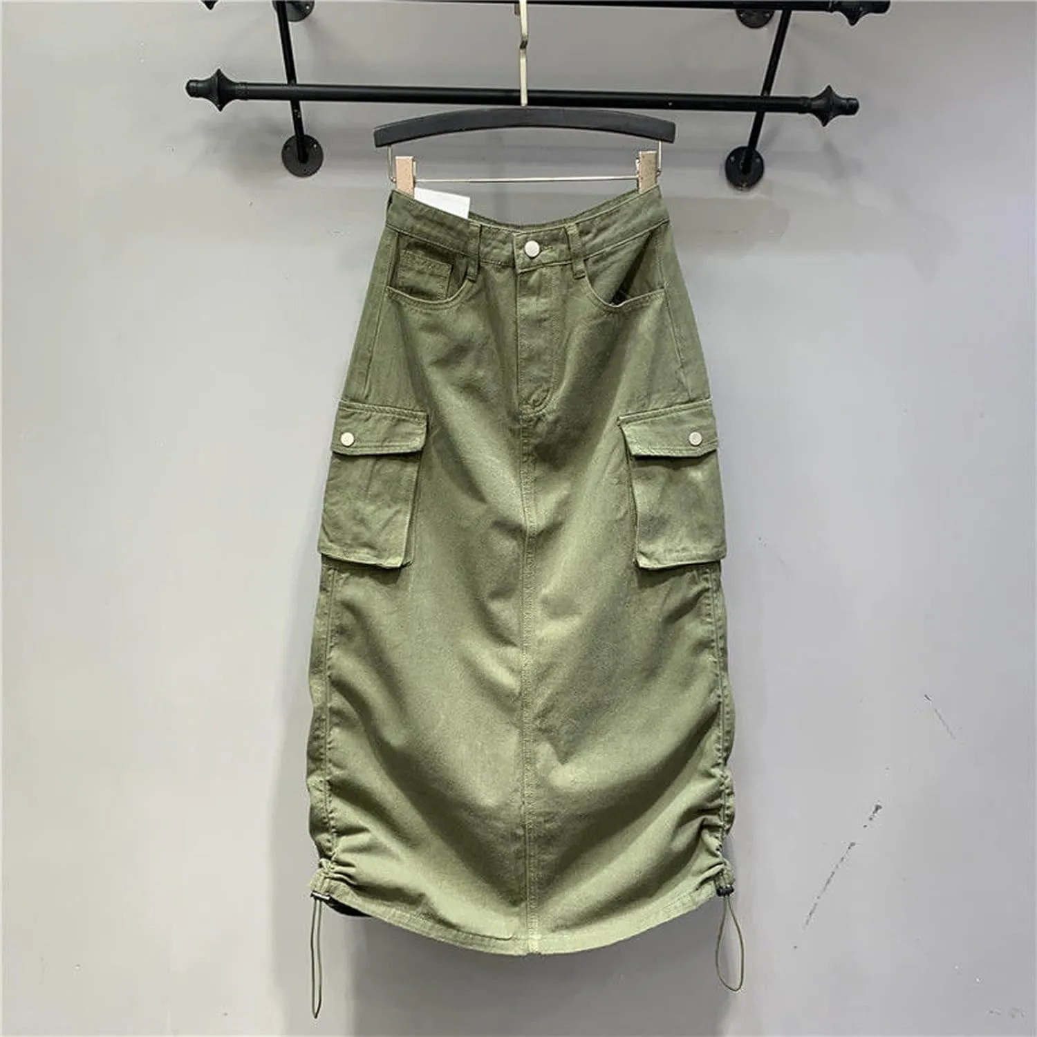 Gothic Women's Half Skirt Work Dress Pocket Denim Half Skirt Drawstring Adjustable Length A-line Long Skirt