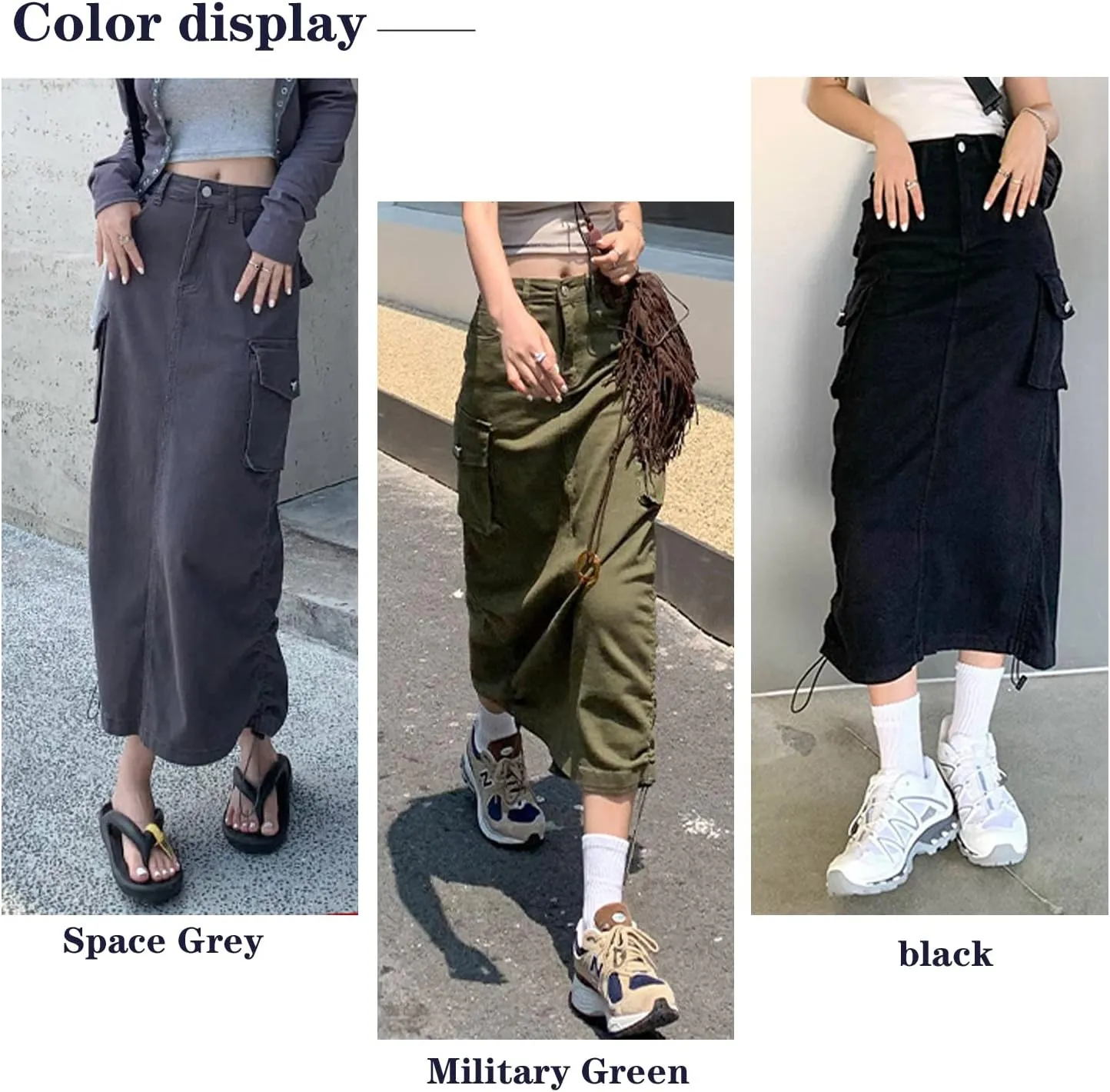 Gothic Women's Half Skirt Work Dress Pocket Denim Half Skirt Drawstring Adjustable Length A-line Long Skirt