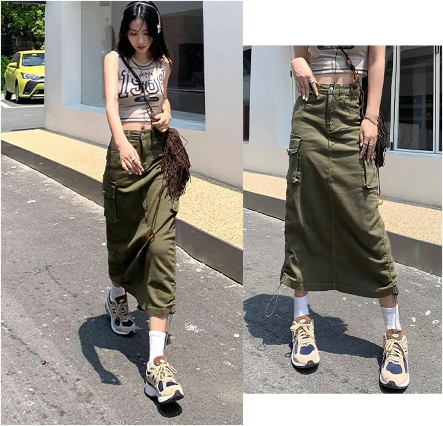 Gothic Women's Half Skirt Work Dress Pocket Denim Half Skirt Drawstring Adjustable Length A-line Long Skirt