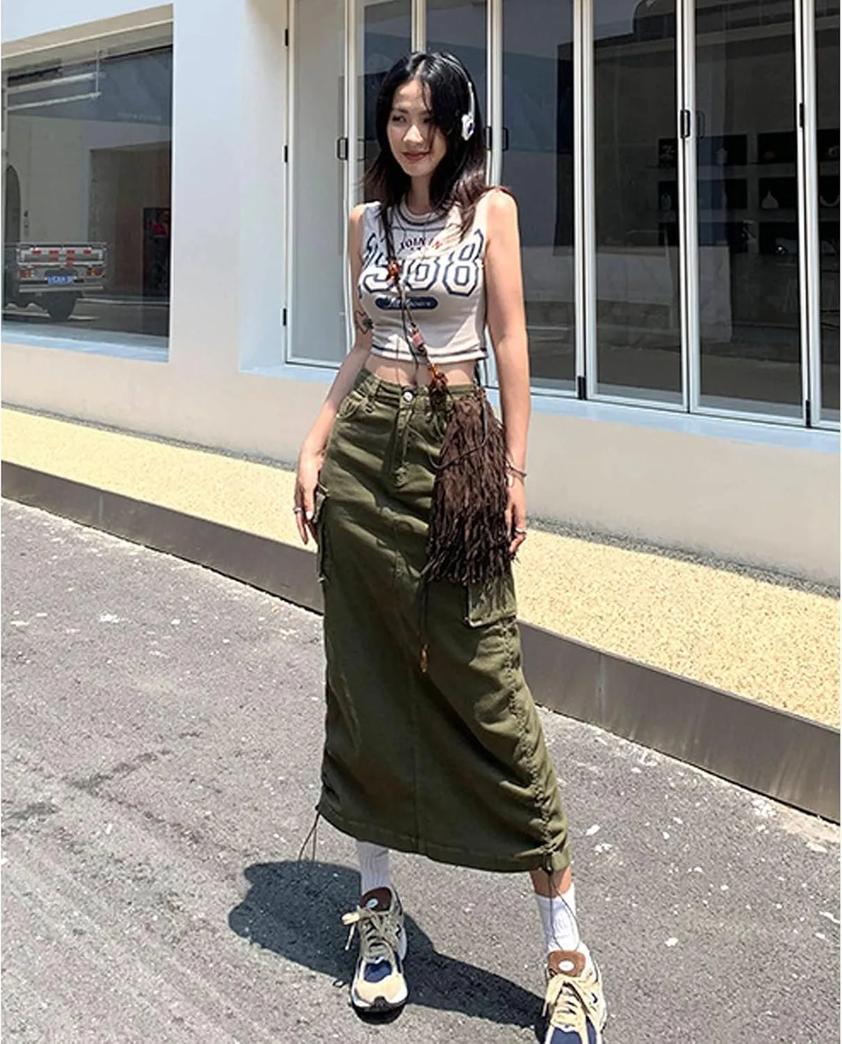 Gothic Women's Half Skirt Work Dress Pocket Denim Half Skirt Drawstring Adjustable Length A-line Long Skirt