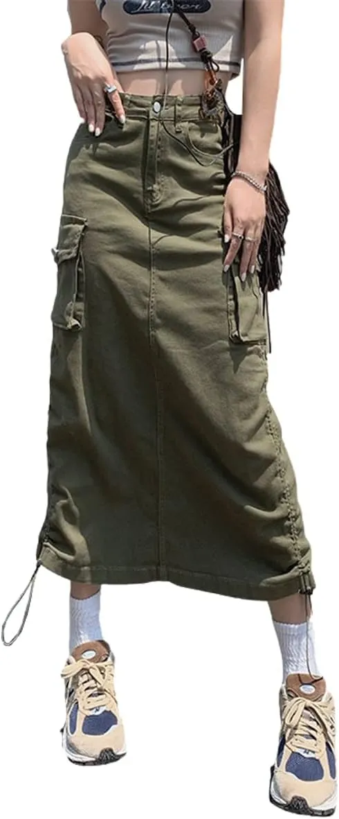 Gothic Women's Half Skirt Work Dress Pocket Denim Half Skirt Drawstring Adjustable Length A-line Long Skirt