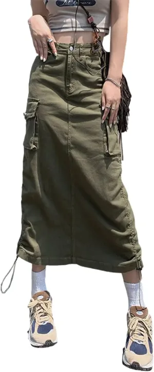 Gothic Women's Half Skirt Work Dress Pocket Denim Half Skirt Drawstring Adjustable Length A-line Long Skirt