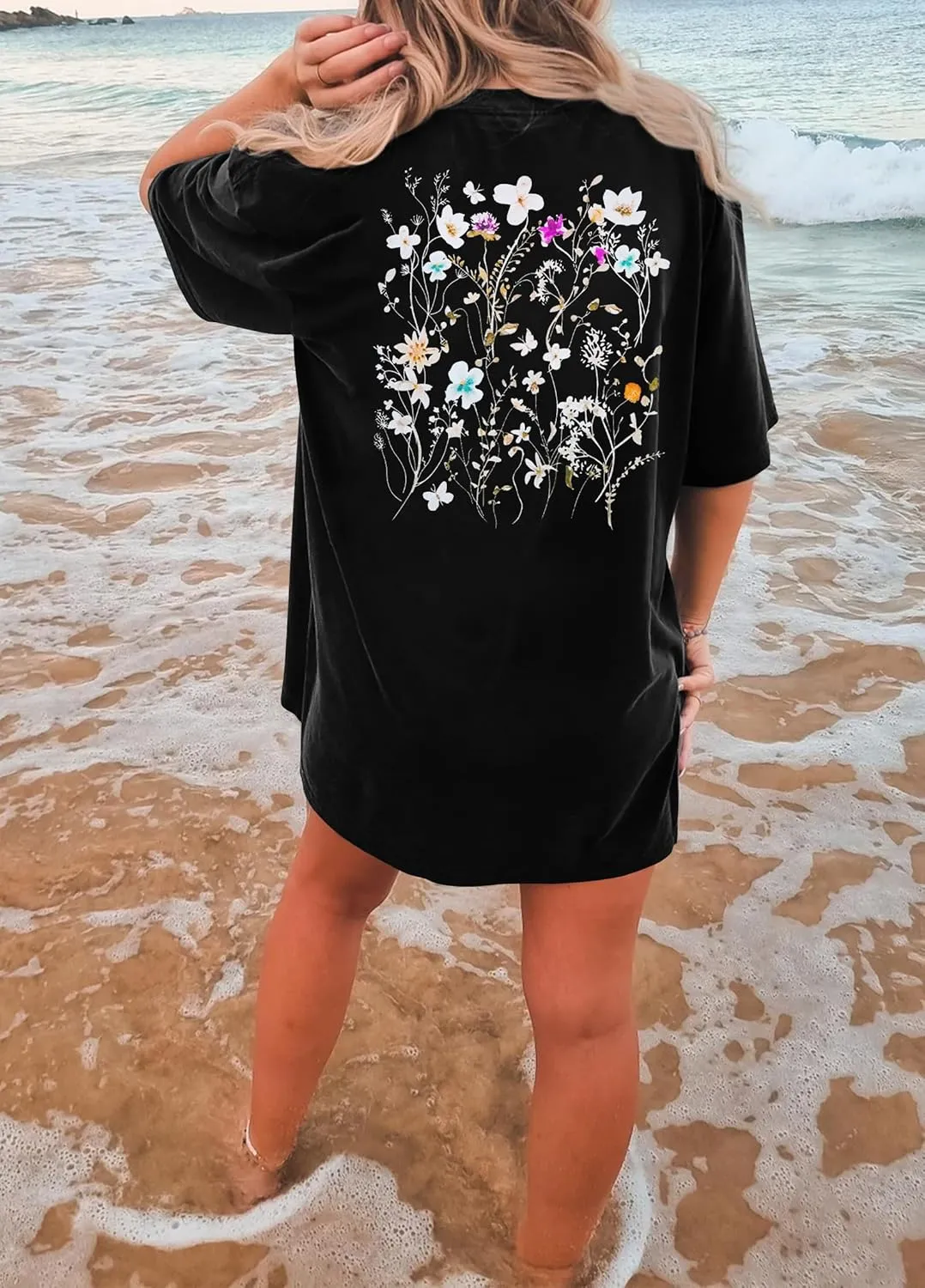 Graphic Shirts for Women Oversized Tshirt Flower Graphic Tee Boho Wildflower Christian Casual Summer Tops