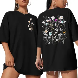 Graphic Shirts for Women Oversized Tshirt Flower Graphic Tee Boho Wildflower Christian Casual Summer Tops