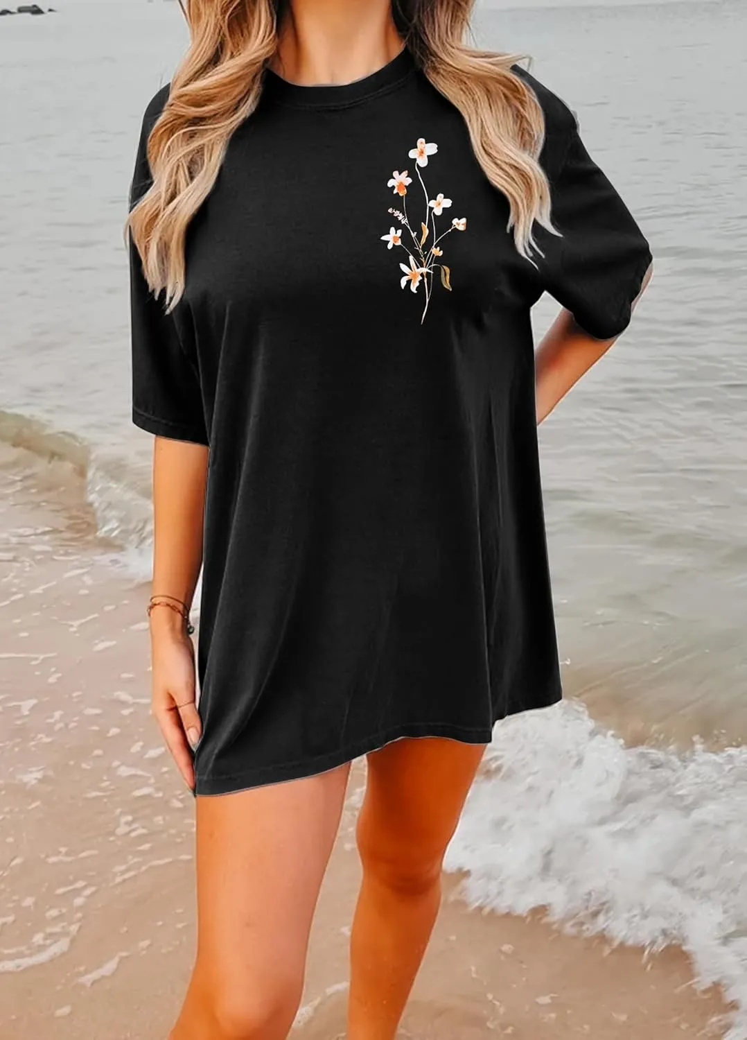 Graphic Shirts for Women Oversized Tshirt Flower Graphic Tee Boho Wildflower Christian Casual Summer Tops