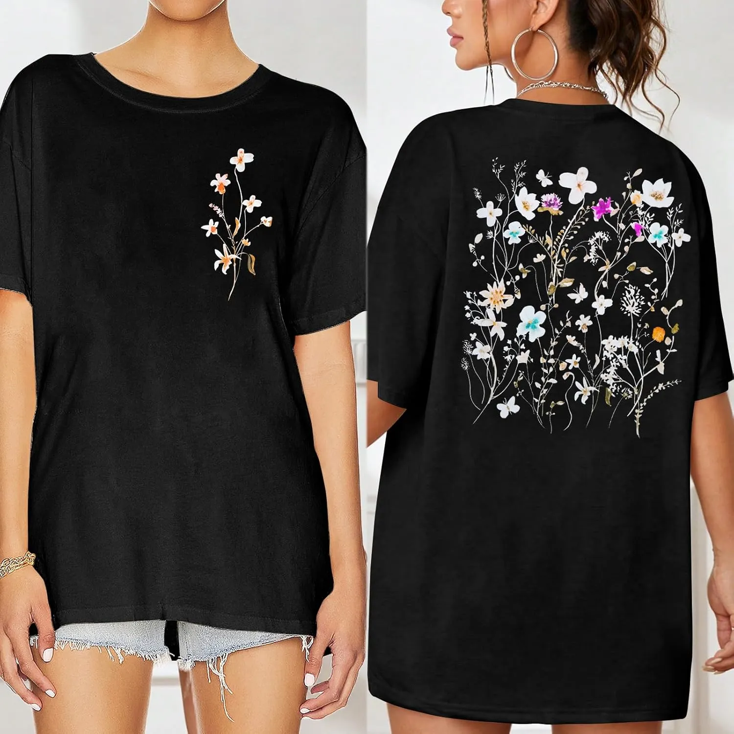 Graphic Shirts for Women Oversized Tshirt Flower Graphic Tee Boho Wildflower Christian Casual Summer Tops