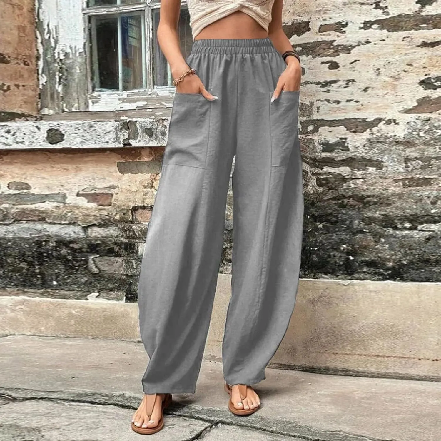 Harem Pants for Women Casual Comfy Cotton Lightweight Summer Beach Yoga Pants Elasitc Trousers Joggers with Pockets