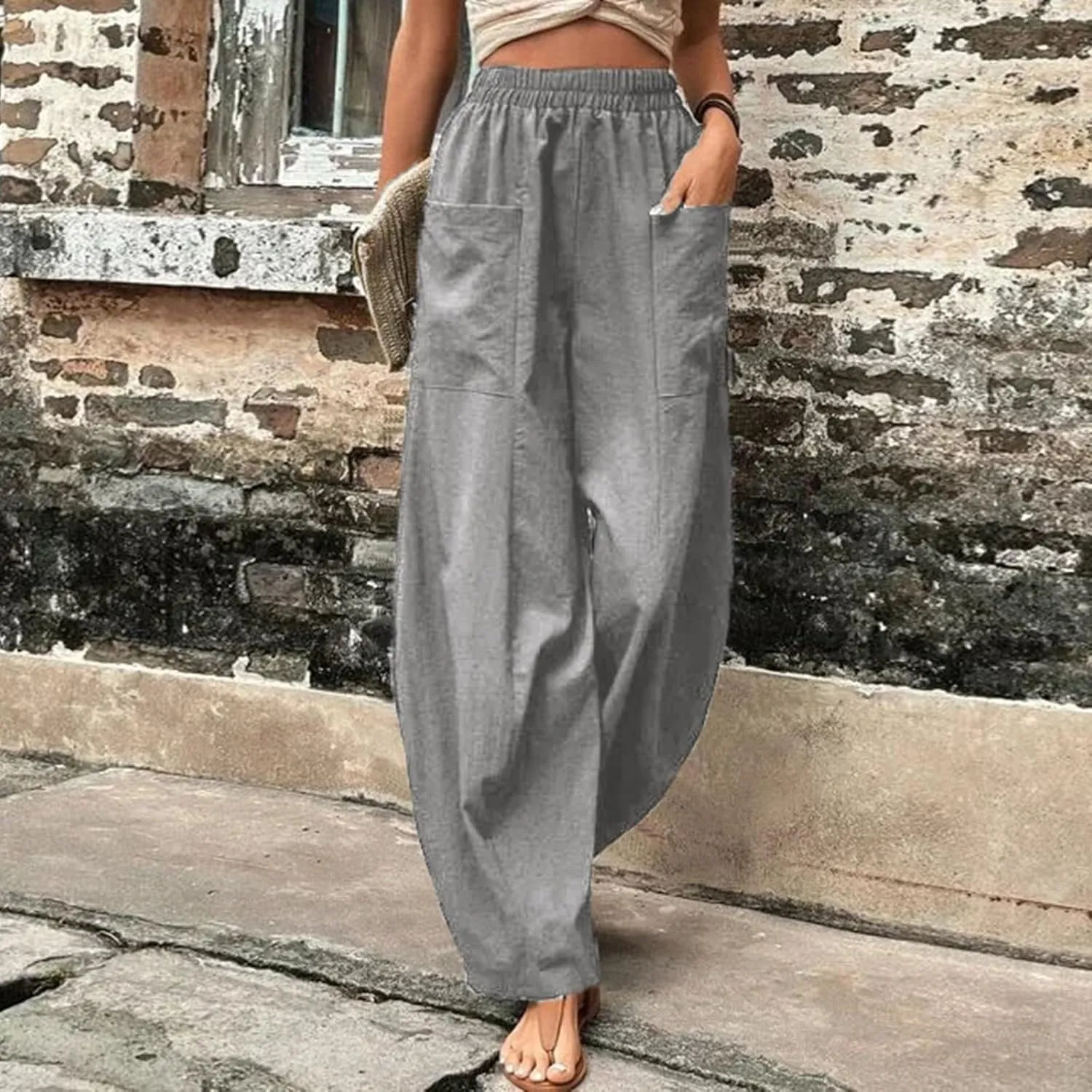 Harem Pants for Women Casual Comfy Cotton Lightweight Summer Beach Yoga Pants Elasitc Trousers Joggers with Pockets