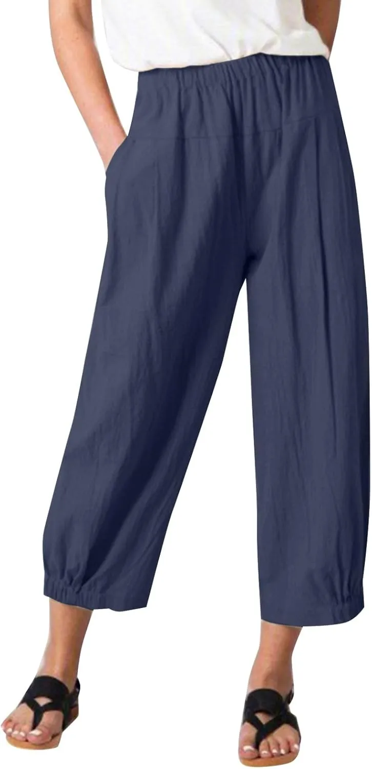 Harem Pants for Women Cotton Linen Capri Pants Summer Casual High Waist Plus Size Bohemian Yoga Lounge Beach Pants