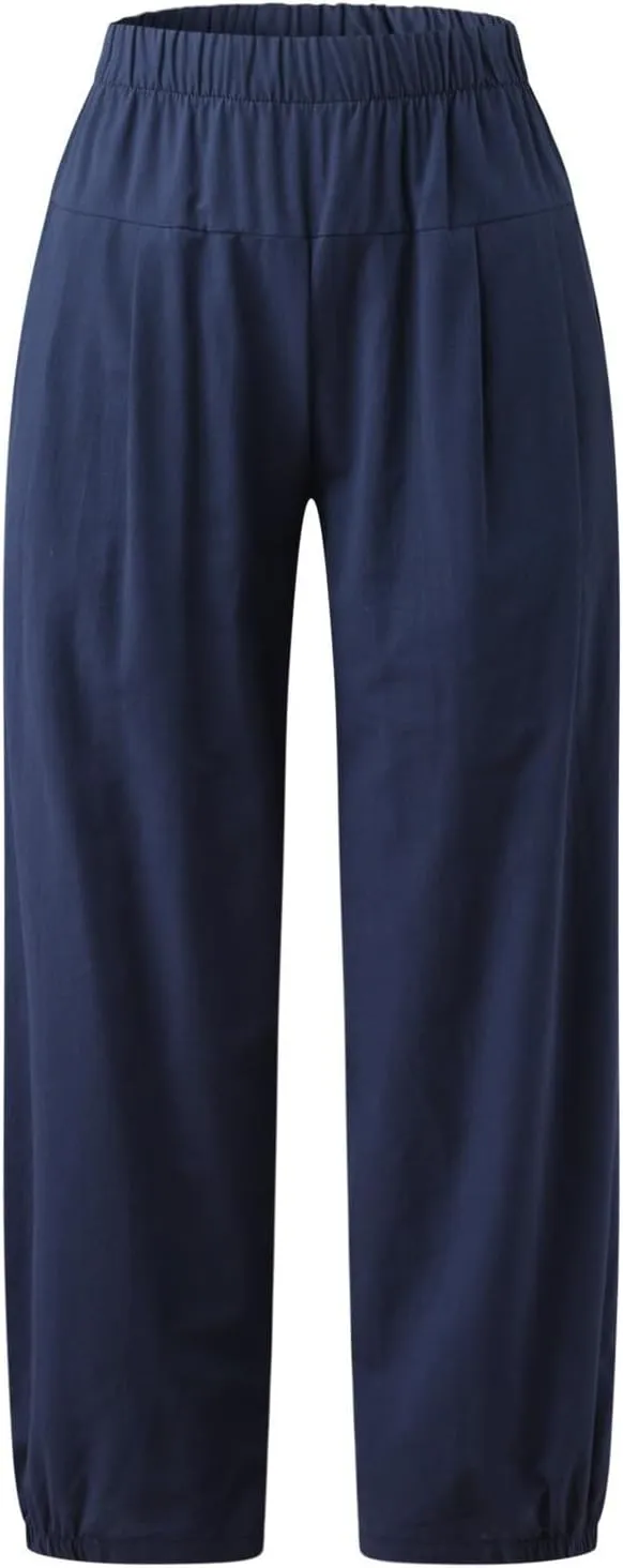 Harem Pants for Women Cotton Linen Capri Pants Summer Casual High Waist Plus Size Bohemian Yoga Lounge Beach Pants