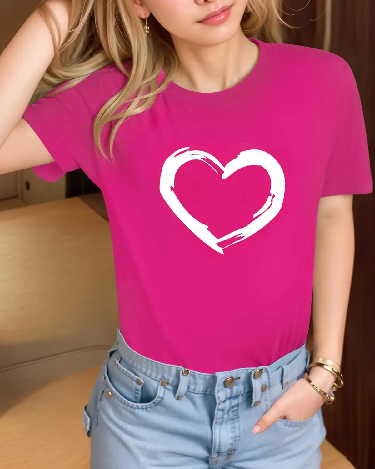 HERLOLLYCHIPS Women Cute Heart Graphic Crewneck Short Sleeve Regular Fit Casual Tee T-Shirts Tshirt Tops
