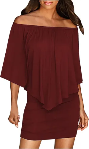 HGps8w Women Off Shoulder Ruffles Bodycon Mini Dress Elegant Flowy Cape Ruched Formal Business Cocktail Party Dresses