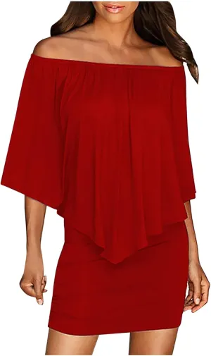 HGps8w Women Off Shoulder Ruffles Bodycon Mini Dress Elegant Flowy Cape Ruched Formal Business Cocktail Party Dresses