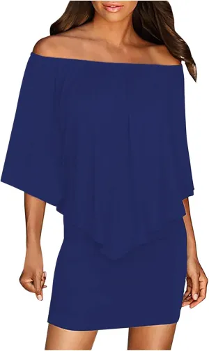 HGps8w Women Off Shoulder Ruffles Bodycon Mini Dress Elegant Flowy Cape Ruched Formal Business Cocktail Party Dresses